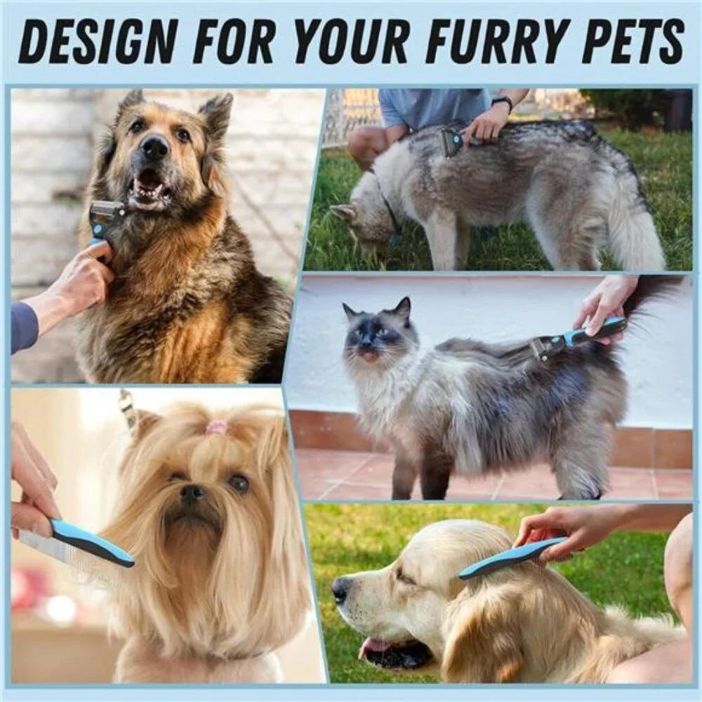 Pet Grooming Brush and Metal Comb Combo, Cat Brush Dog Brush for Shedding